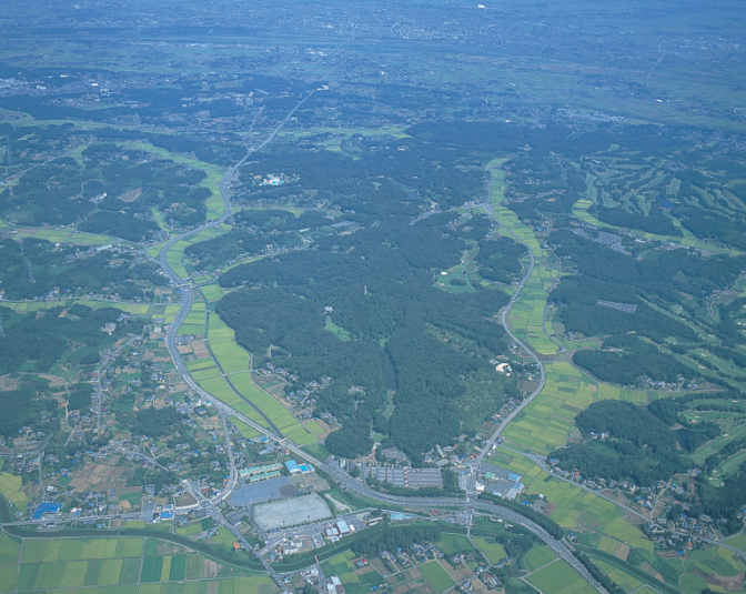 典型的な谷津地形の写真（国営武蔵丘陵森林公園上空より撮影）