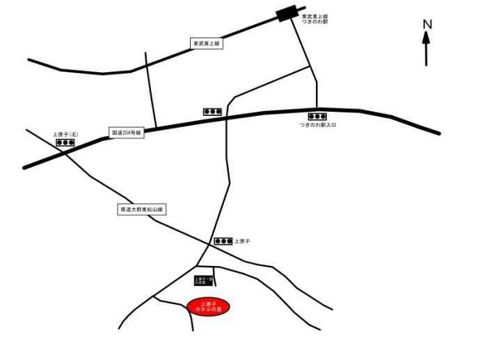 上唐子ホタルの里位置図。つきのわ駅から上唐子の交差点へ南下し、上唐子公会堂の近くに上唐子ホタルの里がある