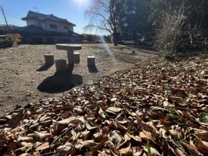 唐子中央公園のテーブルベンチと落ち葉