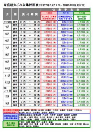 令和7年度家庭粗大ごみ収集計画表の画像
